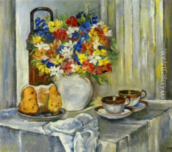 Stilleben Mit Blumenvase, Tassen Und Kuchen Oil Painting - Richard Mauch