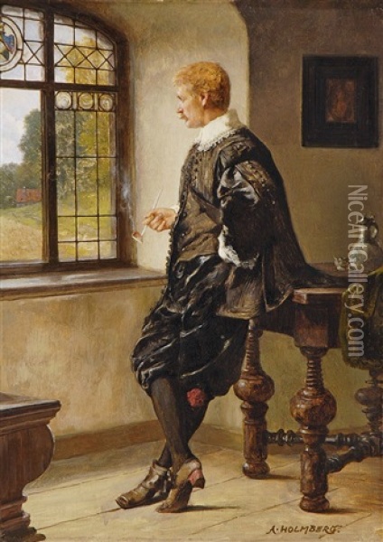 Herr Mit Pfeife Am Fenster Oil Painting - August Johann Holmberg