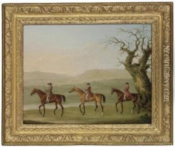 A Trainer And Two Grooms Exercising Racehorses Oil Painting - J. Francis Sartorius