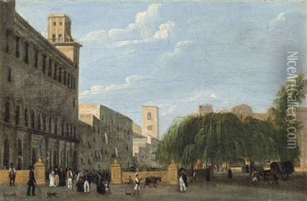 Figures In An Italian Square Oil Painting - Giuseppe Canella I
