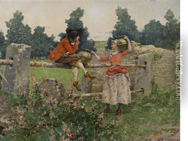 Romance At The Fence Oil Painting - Edouard Toudouze