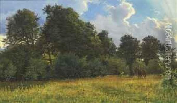 Bay Horses Tethered In Pasture Oil Painting - Carl Ove Julian Lund
