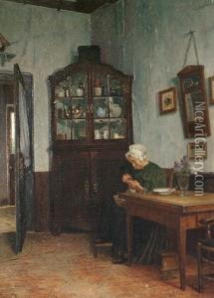Lady Sewing In An Interior Oil Painting - Henrik Nordenberg