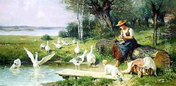 Mother and Child with Geese Oil Painting - Adolf Ernst Meissner