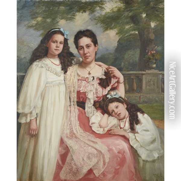 Portrait Of Mrs Henderson And Her Daughters, Maysie And Lesley Oil Painting - Robert Cree Crawford