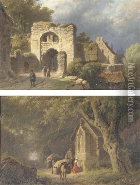 At The Old Town Gate (+ Travellers By A Chapel In A Forest; Pair) Oil Painting - Barend Cornelis Koekkoek