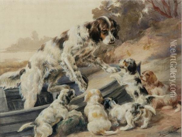 All Aboard! A Mother Setter With Her Pups Oil Painting - Edmund Henry Osthaus