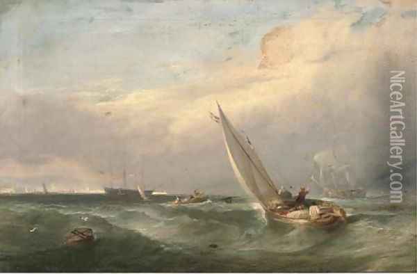 A man'o-war being towed into port Oil Painting - Edwin Hayes