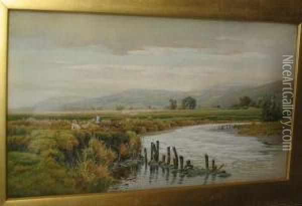 River Landscape With Figures Resting On A Bank Oil Painting - Peter Ghent