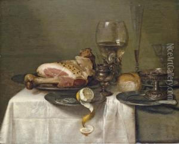 A Ham On A Pewter Plate, A 
Partly-peeled Lemon, A Roemer, A Glass Flute, A Wine Glass, A Bowl Of 
Olives, A Silver-gilt Tazza, A Bread Roll, A Knife On A Pewter Plate And
 A Mustard Pot On A Partly-draped Table Oil Painting - Willem Claesz. Heda