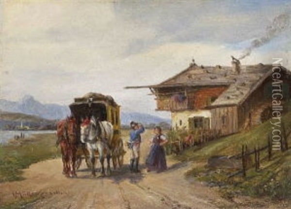 Halt Der Postkutsche Vor Dem Bauernhaus Oil Painting - Ludwig Mueller-Cornelius