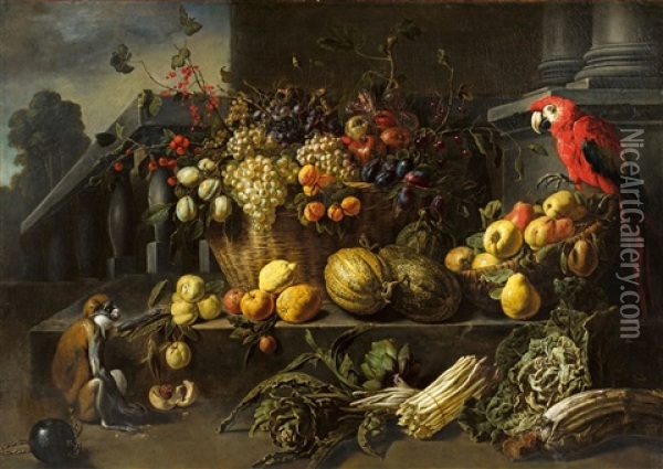 Still Life With Fruits, Vegetable And A Parrot Oil Painting - Adriaen van Utrecht