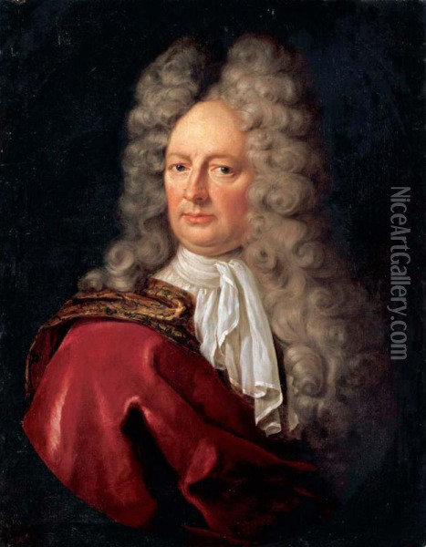 Portrait Of A Nobleman, Bust Length, Wearing A White Cravat And A Red Overcoat Oil Painting - Jan Frans Douven