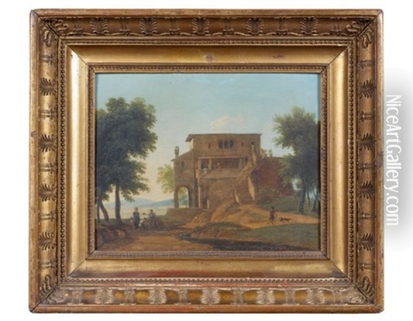 Villa Italienne Antique Pres D'un Lac Et Personnages Pres D'une Fontaine (pair) Oil Painting - Jean Victor Bertin