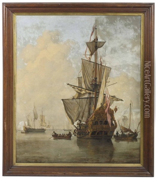 A Flag Ship Preparing To Leave The Anchorage; With A Man-o'- War Firing A Salute Beyond Oil Painting - Jan van de Velde II