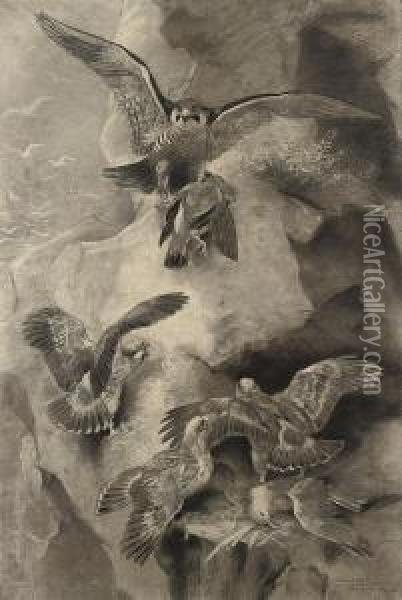 Peregrine Falcons At Their Nest Oil Painting - Joseph Wolf