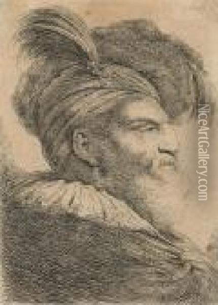 Bust Of A Bearded Man Wearing A Plumed Cap Oil Painting - Giovanni Benedetto Castiglione