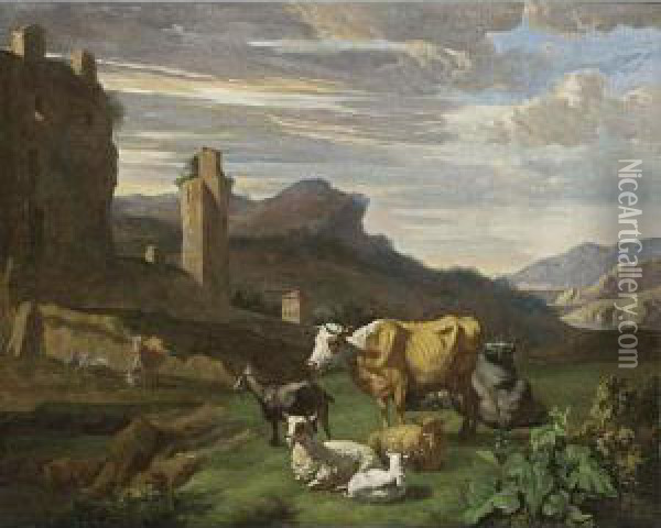 An Italianate Landscape With 
Cows, Sheep And A Goat In A Meadow, A Peasant Woman Milking A Cow In The
 Background Oil Painting - Willem Romeyn