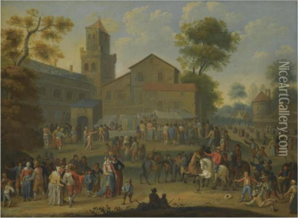 A Landscape With A Busy Market Scene Oil Painting - Franz Ferg