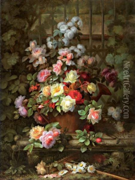 Bouquet De Roses Sur Un Entablement Oil Painting - Paul De Longpre