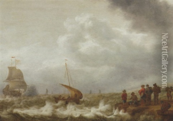 Shipping Off The Coast In A Stiff Breeze, Figures On The Shoreline In The Foreground Oil Painting - Cornelis Leonardsz Stooter