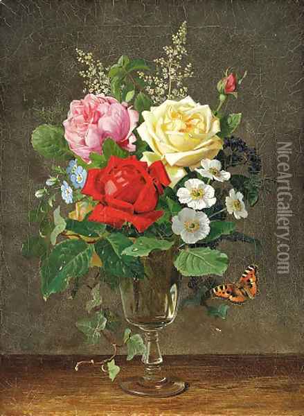 A vase of roses with a butterfly Oil Painting - Olaf August Hermansen