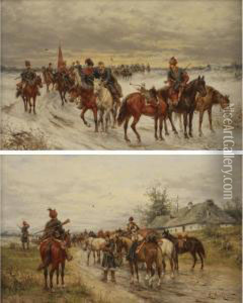 Mounted Cossacks: A Pair Oil Painting - Ludwik Gedlek