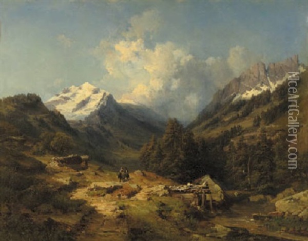Travellers In A Mountainous Landscape Oil Painting - Eduard Friedrich Pape