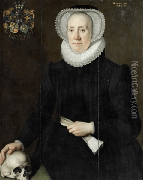 Portrait Of An Elderly Lady Of The Van Heemstra Family Of Friesland, Three-quarter-length, Holding A Pair Of Gloves And With Her Right Hand Resting On A Skull Oil Painting - Willem Key