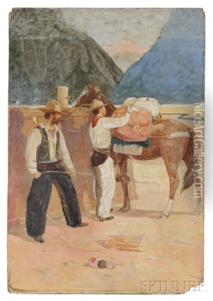 Cowboys Loading Their Gear Oil Painting - Gerald Cassidy