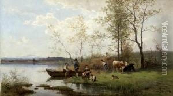 Heuernte Am Ufer Eines
 Vorgebirgssees. Oil Painting - Julius Noerr