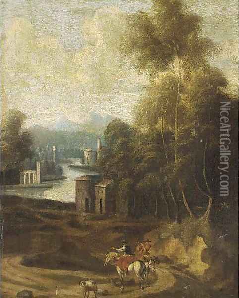 A wooded river landscape with mounted travellers on a path, a town beyond Oil Painting - Willem Schellinks