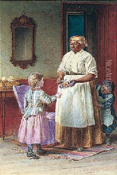 African Woman Giving A Young Girl An Orange Oil Painting - Thomas Waterman Wood