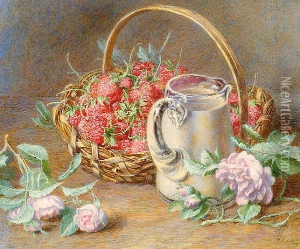 A Still Life Of Strawberries Arranged In A Basket, A Milk Jug, And Scattered Flowers. Oil Painting - Jabez Bligh