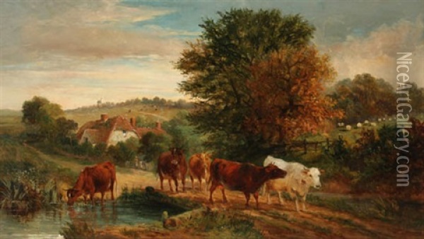 Cows Fording A Stream Oil Painting - William Meadows