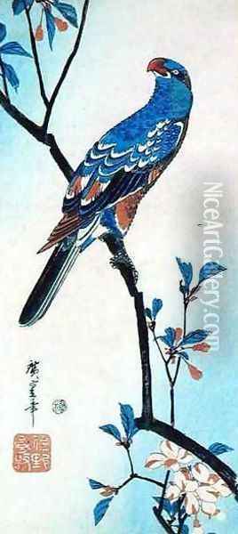 Parrot on a Branch Oil Painting - Utagawa or Ando Hiroshige