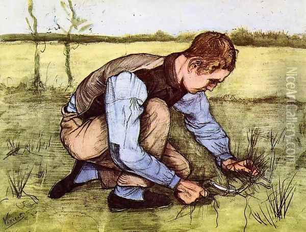 Boy Cutting Grass with a Sickle Oil Painting - Vincent Van Gogh