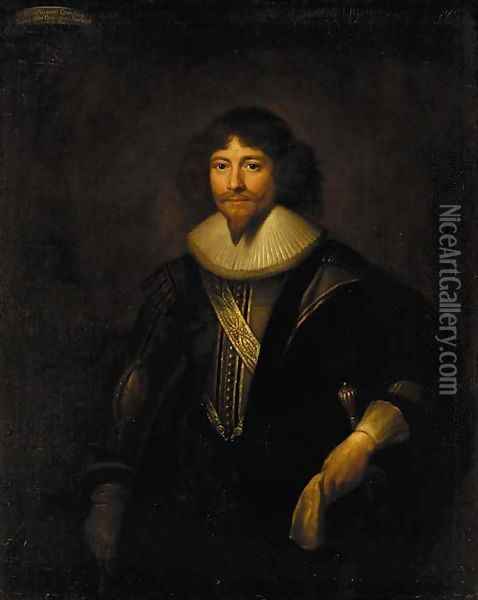 Portrait of a gentleman traditionally identified as William, 2nd Viscount Grandison, three-quarter-length, in a grey slashed doublet and ruff Oil Painting - Johnson, Cornelius I