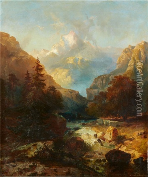 View Of The Snow-capped 'jungfrau' Mountain In The Bern Alps Oil Painting - Herman Wilhelm Cellarius