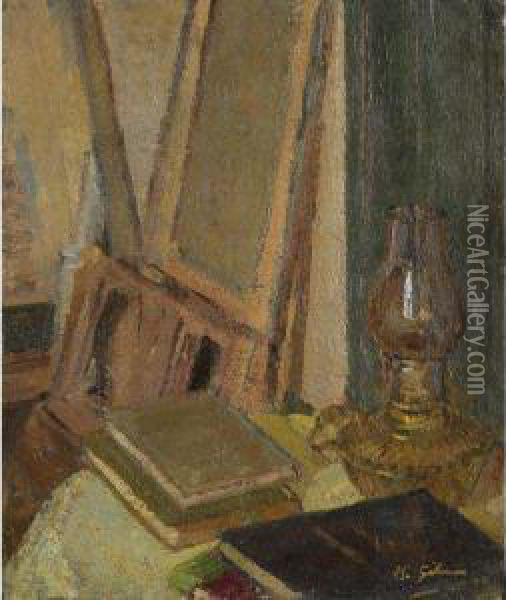 Studio Interior With Oil Lamp Oil Painting - Harold Gilman