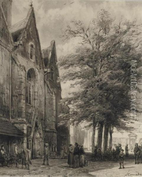 Elegant Townspeople In Front Of The The St. Joseph Church, Hameln Oil Painting - Cornelis Springer