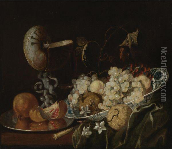 Still Life Of Grapes And Other Fruits In A Wan-li Porcelain Bowlwith A Nautilus Shell Drinking Glass Oil Painting - Georg Hainz