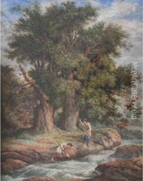 Wooded Landscape With Two Boys Fishing In A Stream Oil Painting - Agostino Aglio
