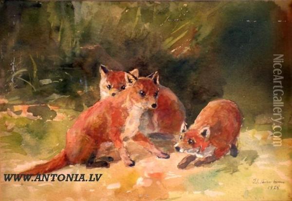Fox-cub Oil Painting - Stanislavs Birnbaums