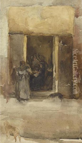 Figures In A Doorway Oil Painting - James Abbott McNeill Whistler