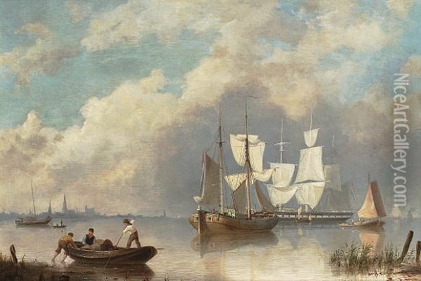 Shipping At Anchor With Fishermen In A Rowing Boat Oil Painting - Hermanus Jr. Koekkoek