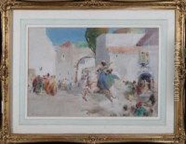 A North African Market Square With A Mamaluke Horseman Gallopingaway With A Captive Young Woman Oil Painting - Arthur Melville