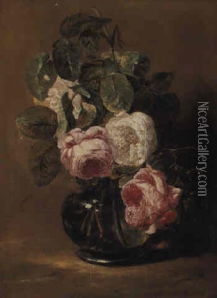 Pink And White Roses In A Glass Vase Oil Painting - Jan Fyt