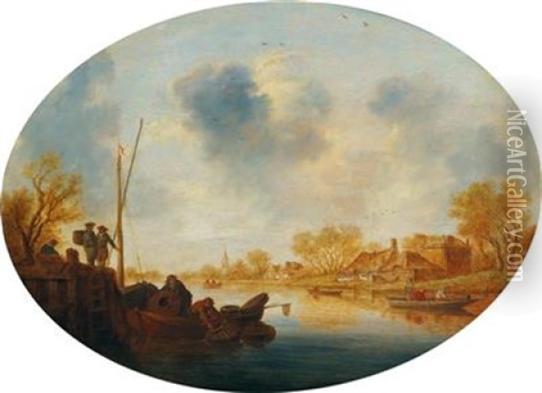 River Landscape With Men In A Boat Oil Painting - Pieter de Neyn