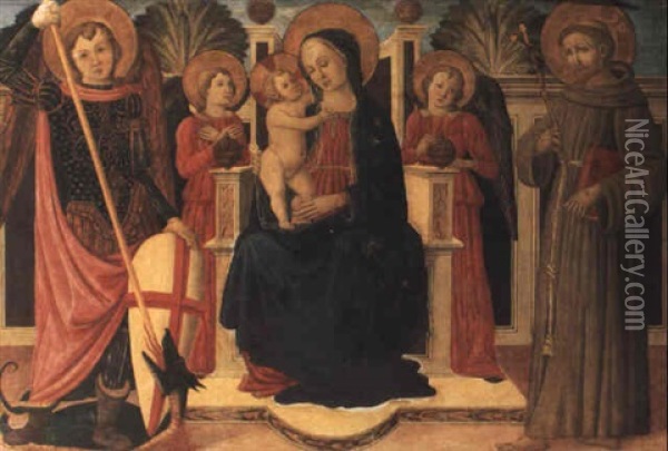 The Madonna And Child Enthroned Between Saints George And Francis Oil Painting - Cosimo Filippo Rosselli